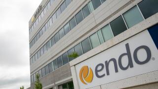 A logo sign outside of a facility occupied by Endo Pharmaceuticals in Malvern, Pennsylvania.