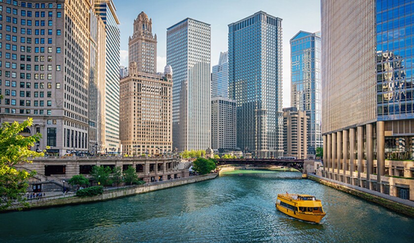 Chicago River Tourboat Downtown Chicago Skyscrapers
