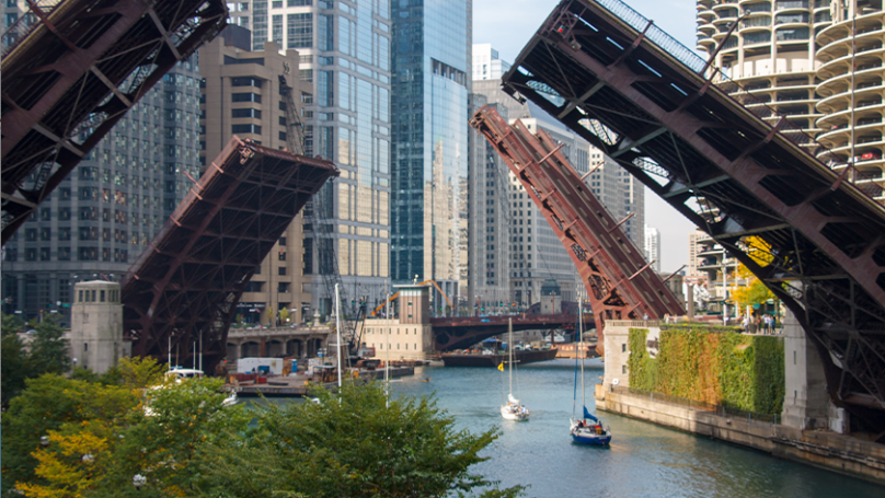 Irv Kupcinet and Bataan-Corregidor Memorial Bridges over Chicago river Chicago illinois.png