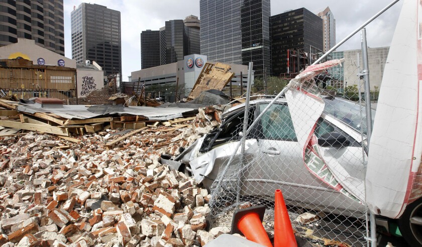 New Orleans, United States. 30th Aug, 2021. A building in downtown New Orleans, Louisiana is destroyed in the aftermath of Hurricane Ida on Monday, August 30, 2021. Power was out in the city but the levees held, Photo by AJ Sisco/UPI Credit: UPI/Alamy Liv