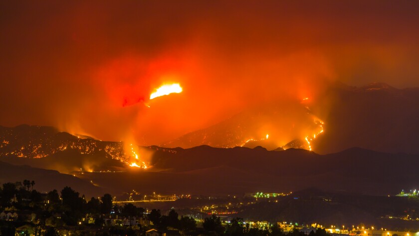 Night long exposure photograph of the Santa Clarita wildfire