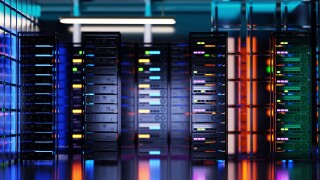Blurred background of server room, Data center with racks servers and supercomputers. Neon lights and beautiful reflections of computer lights. 3D rendering illustration