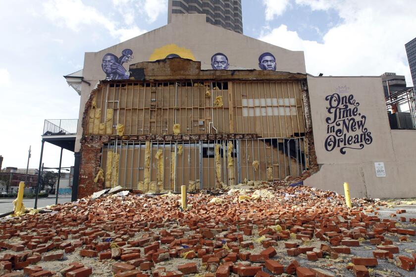 New Orleans, United States. 30th Aug, 2021. A brick wall on the side of the Little Gem Saloon collapsed during Hurricane Ida in downtown New Orleans, Louisiana, Monday, August 30, 2021. Power was cut off to the city and metro area but the levees held. Pho