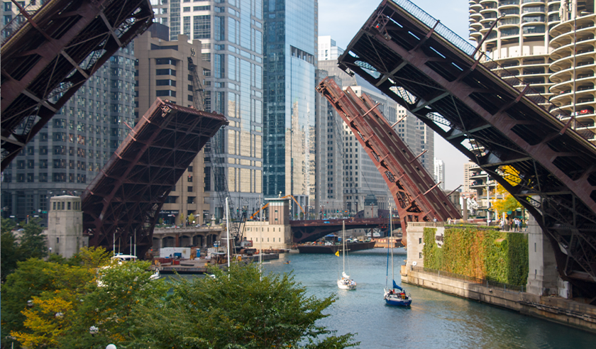 Irv Kupcinet and Bataan-Corregidor Memorial Bridges over Chicago river Chicago illinois.png