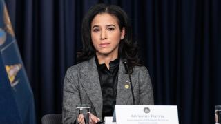 New York, United States. 13th Mar, 2023. Superintendent Adrienne Harris attends Governor Kathy Hochul press briefing in New York office on taking over Signature Bank by state FDIC. Signature Bank was taken over by state FDIC because of exposure to Silicon