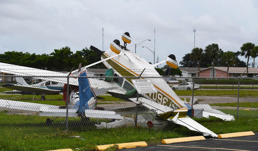 Pembroke Pines, FL, USA. 28th Sep, 2022. A general view of the aftermath as Small aircraft are seen flipped up side down after a reported tornado touches down at North Perry Airport as Hurricane Ian approaches on September 28, 2022 in Pembroke Pines Flori