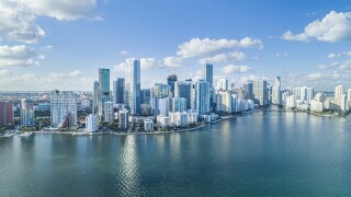 Brickell Key, Cityscape by air in Miami.