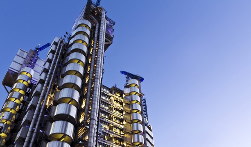 A photograph of the Lloyds Building in London from ground up