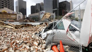 New Orleans, United States. 30th Aug, 2021. A building in downtown New Orleans, Louisiana is destroyed in the aftermath of Hurricane Ida on Monday, August 30, 2021. Power was out in the city but the levees held, Photo by AJ Sisco/UPI Credit: UPI/Alamy Liv
