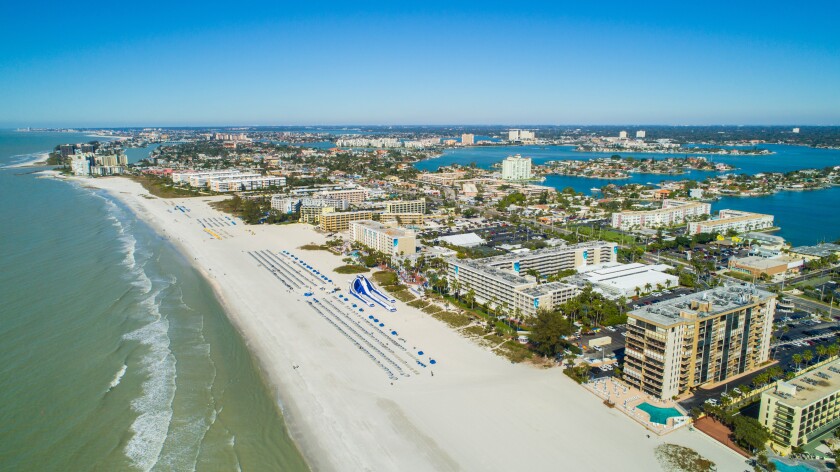 Aerial drone image of hotels and resorts on St Pete Petersburg Beach Florida USA