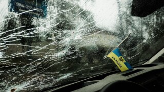 A bullet riddled the windshield of a civilian car in Bucha, Ukraine following heavy fighting between Russian and Ukrainian forces. As Russian troops withdraw from areas north of Ukraine's capital city of Kyiv Ukrainian officials call the heavy civilian ca
