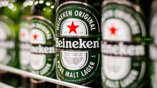 Bottles of Heineken Lager Beer on the supermarket shelf, Moscow, November 2021