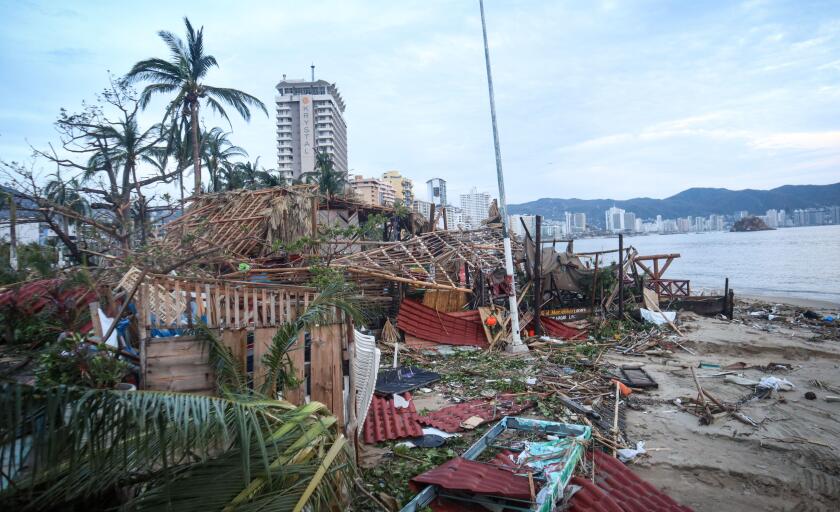 Acapulco, Mexico. 25th Oct, 2023. Damage is seen on the beach of the well-known and traditional Mexican beach resort after Hurricane "Otis" hit the region. "Otis" made landfall early Wednesday as an extremely dangerous Category 5 hurricane with sustained