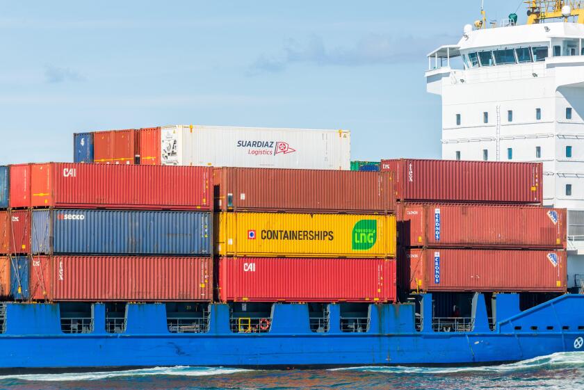 Containers on container ship 'Solong' as she sails into Dublin Port, Dublin, Ireland.