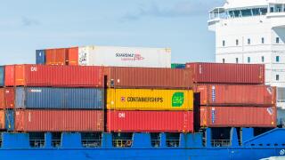 Containers on container ship 'Solong' as she sails into Dublin Port, Dublin, Ireland.