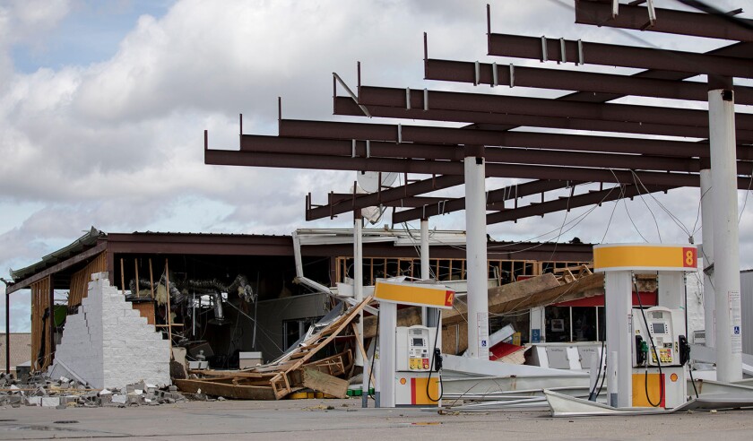 Houma, USA. 30th Aug, 2021. A gas station is seen destroyed by Hurricane Ida in Houma, Louisiana, the United States, Aug. 30, 2021. With stranded people waiting for rescue on damaged roofs, flooded roads blocked by downed trees and power lines, and over o