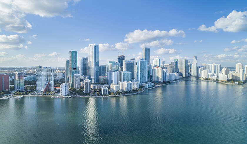 Brickell Key, Cityscape by air in Miami.