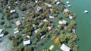 Aerial drone view entire Neighborhood under water near Austin , Texas