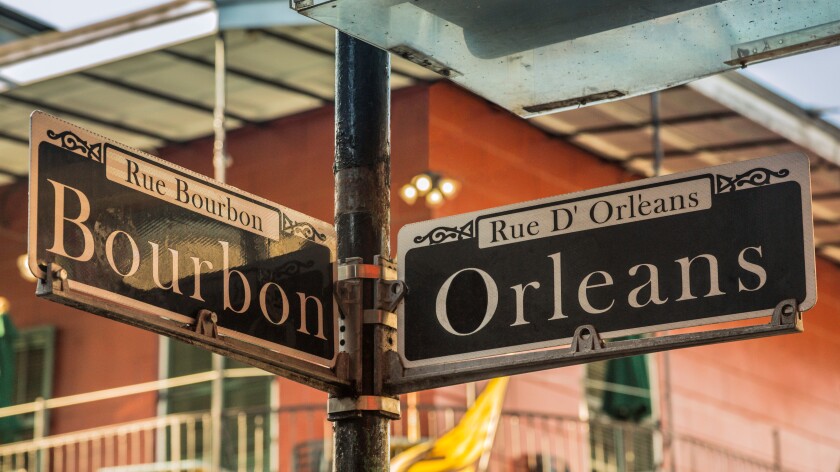 Bourbon and Orleans street signs in New Orleans, USA