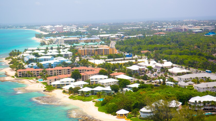 Aerial view of coastline of Grand Cayman, Cayman Islands