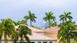 Miami, Florida real estate property modern mansion luxury villa house in Hollywood by Hallandale beach Three Islands with palm trees on summer day