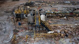 A drone picture of the Mayfield Consumer Products candle factory in the aftermath of a tornado in Mayfield, Kentucky, U.S. December 15, 2021. Picture taken with a drone. REUTERS/Adrees Latif