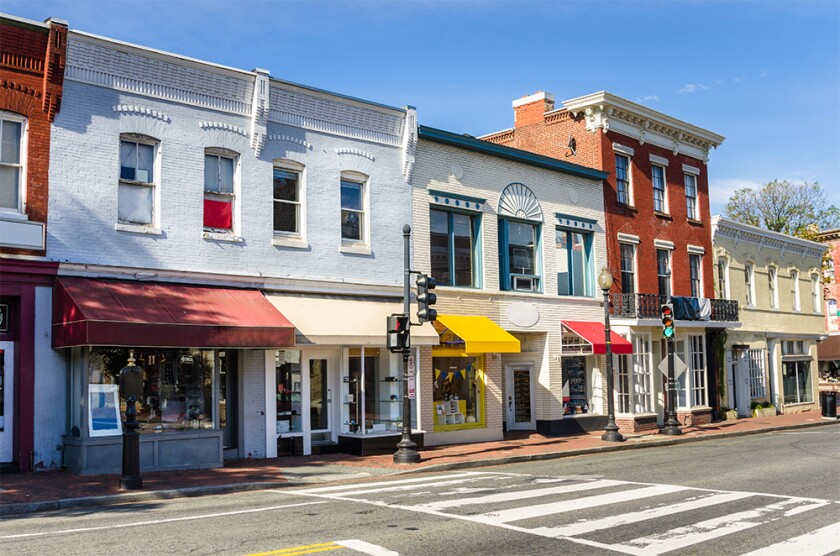Row of Traditional American Brick Buildings with Colourful Shops Georgetown Washington DC storefronts store main street small business.jpg