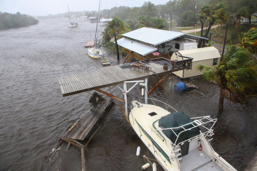 Steinhatchee, Florida, USA. 30th Aug, 2023. Boats float among a series of floating docks on the Steinhatchee River on Wednesday, Aug 30, 2023, as Hurricane Idalia moves through Florida's west coast at Taylor County in the Big Bend area. (Credit Image: © D