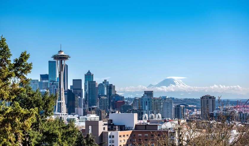 Seattle with Mt Rainier in the background. Image shot 03/2020. Exact date unknown.