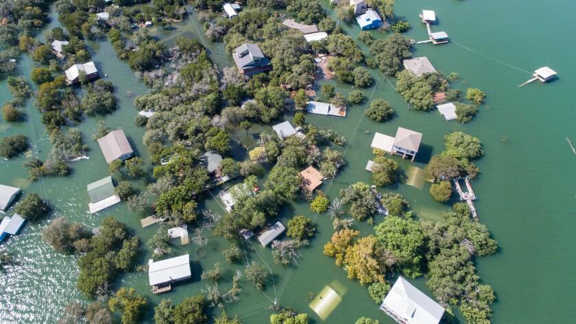 Aerial drone view entire Neighborhood under water near Austin , Texas