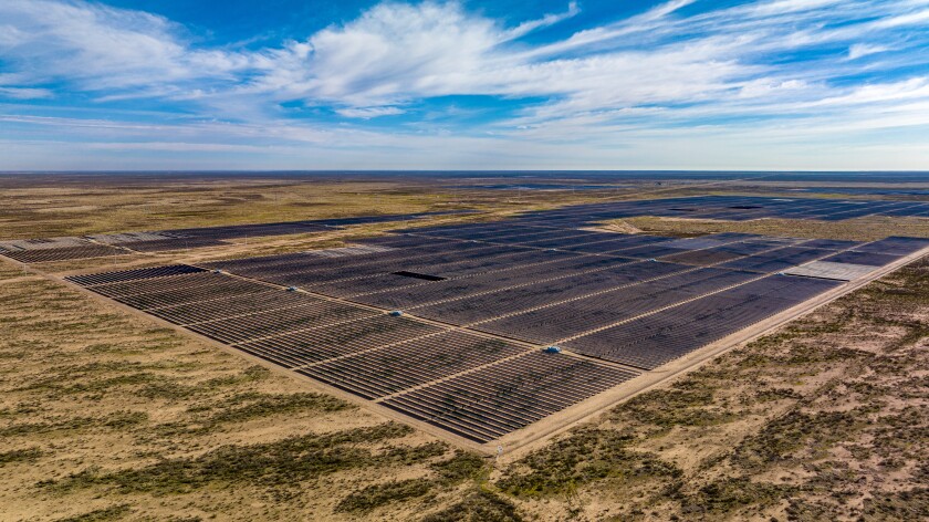 Solar panel field in Texas wide aerial view