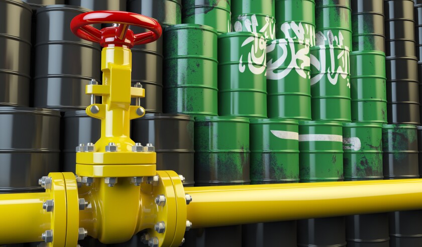 Oil pipe line valve in front of Saudi Arabia flag