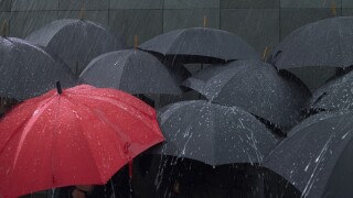Red umbrella amongst group of open umbrellas in rain
