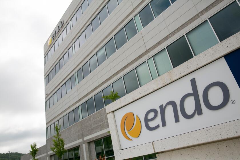 A logo sign outside of a facility occupied by Endo Pharmaceuticals in Malvern, Pennsylvania.