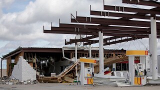 Houma, USA. 30th Aug, 2021. A gas station is seen destroyed by Hurricane Ida in Houma, Louisiana, the United States, Aug. 30, 2021. With stranded people waiting for rescue on damaged roofs, flooded roads blocked by downed trees and power lines, and over o